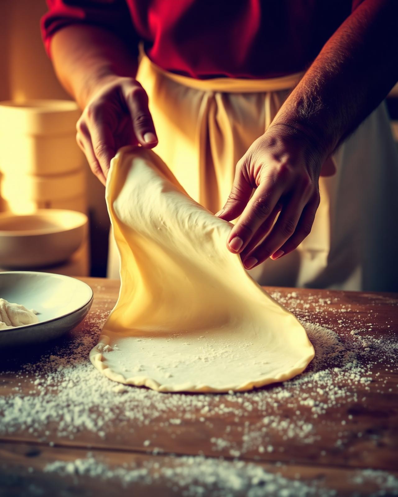 Hands stretching phyllo dough